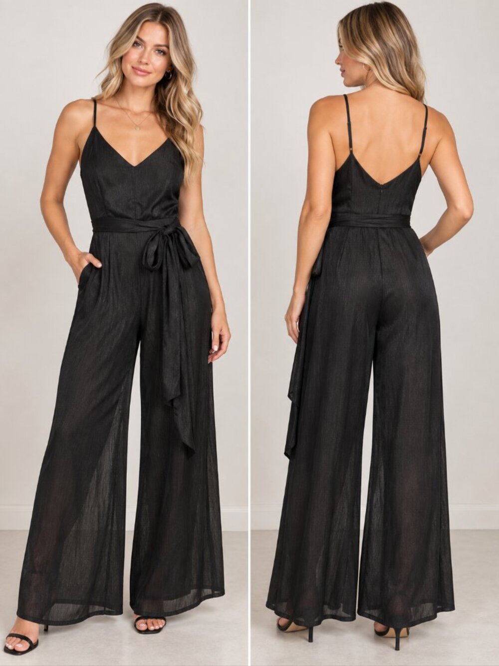 Forever 21 Contemporary Black Sheer Wide Leg Wrap Jumpsuit Size M